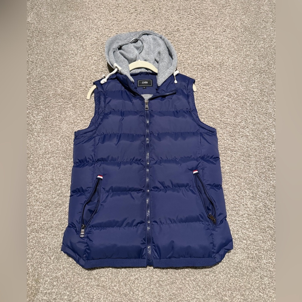 Women's Blue Puffer Vest with Hood